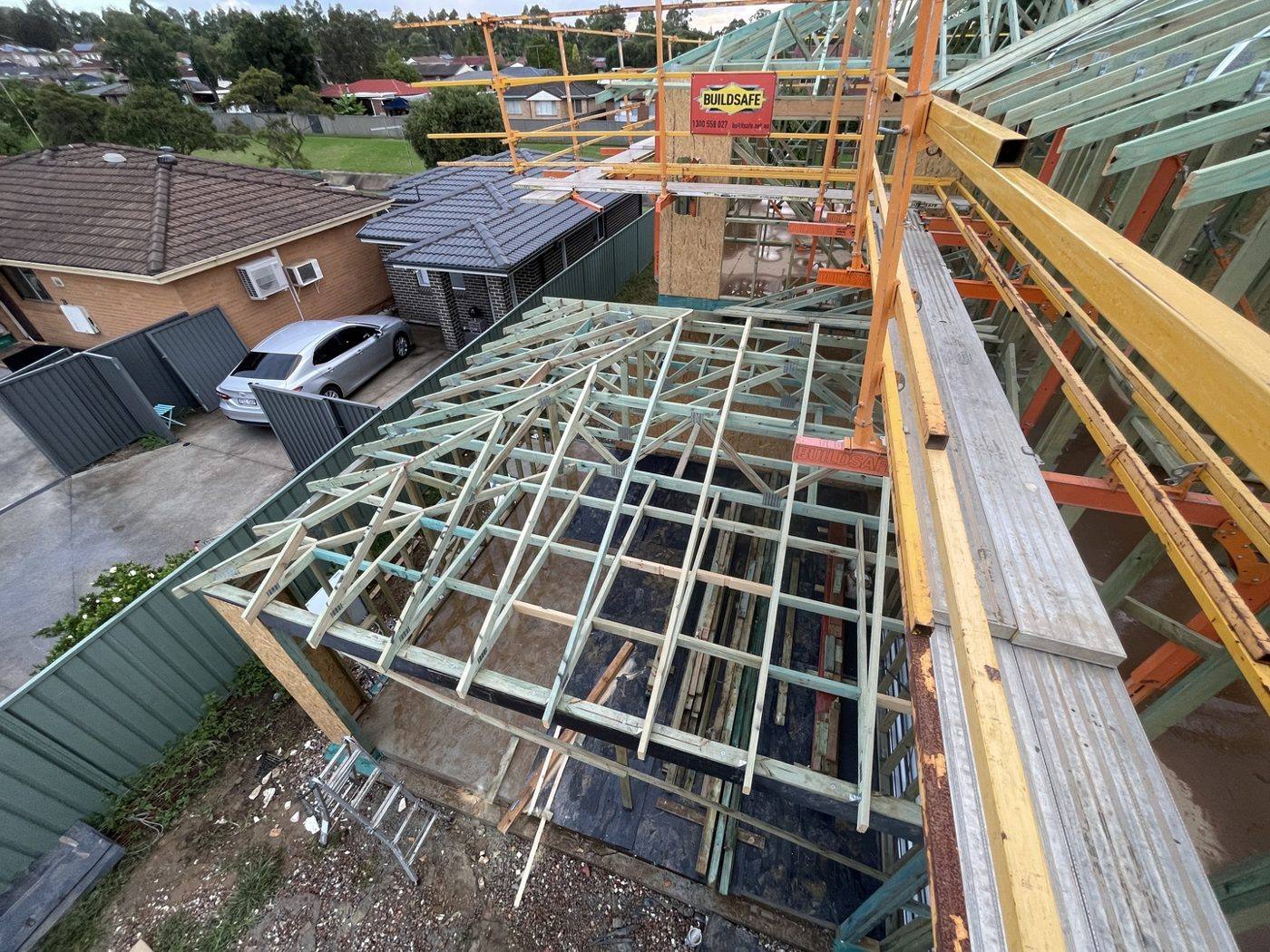 Roof truss frame viewed from above on a new build by Loel Homes