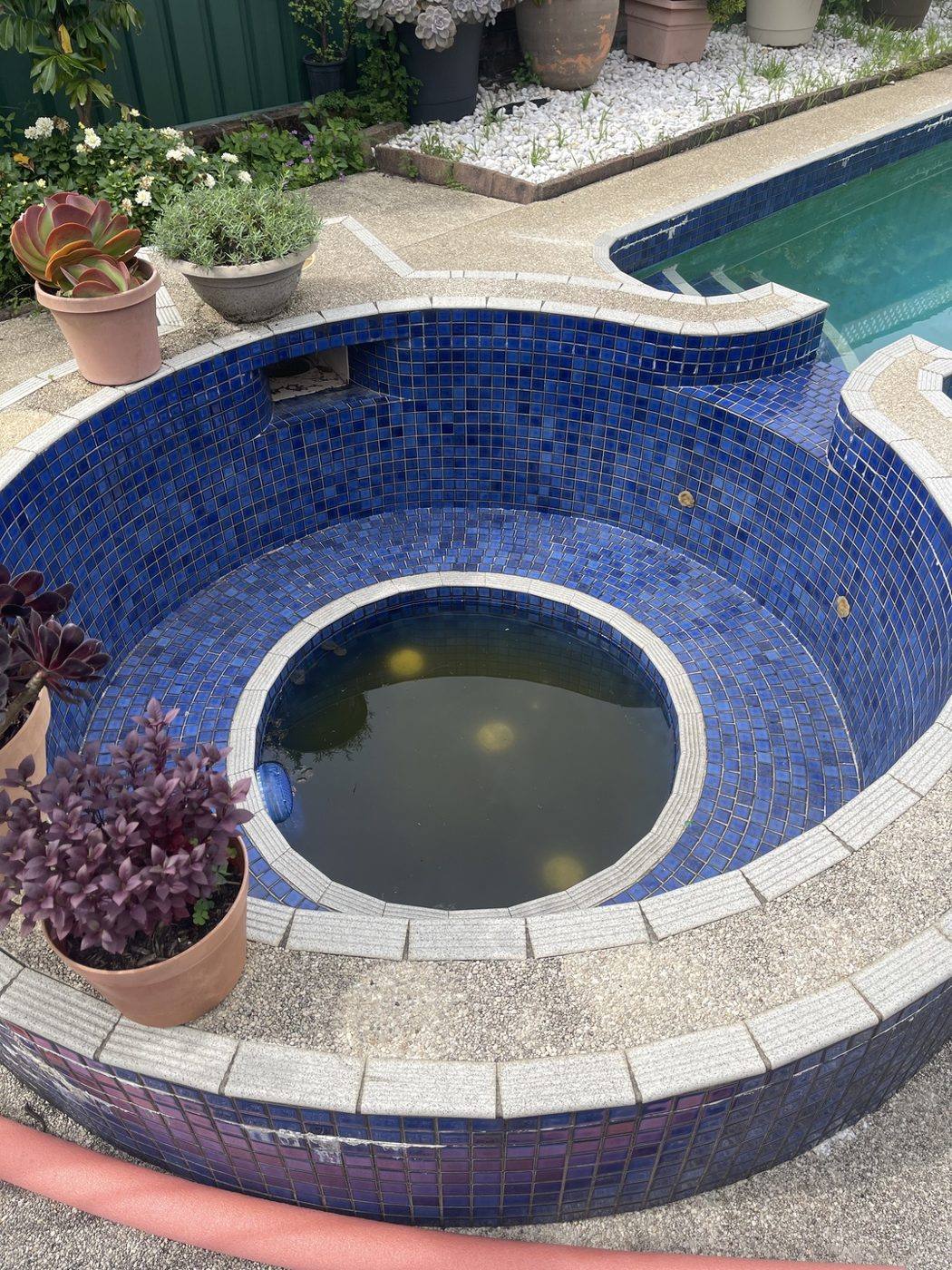 Existing raised blue mosaic-tiled spa and paver surround before renovation by Loel Homes